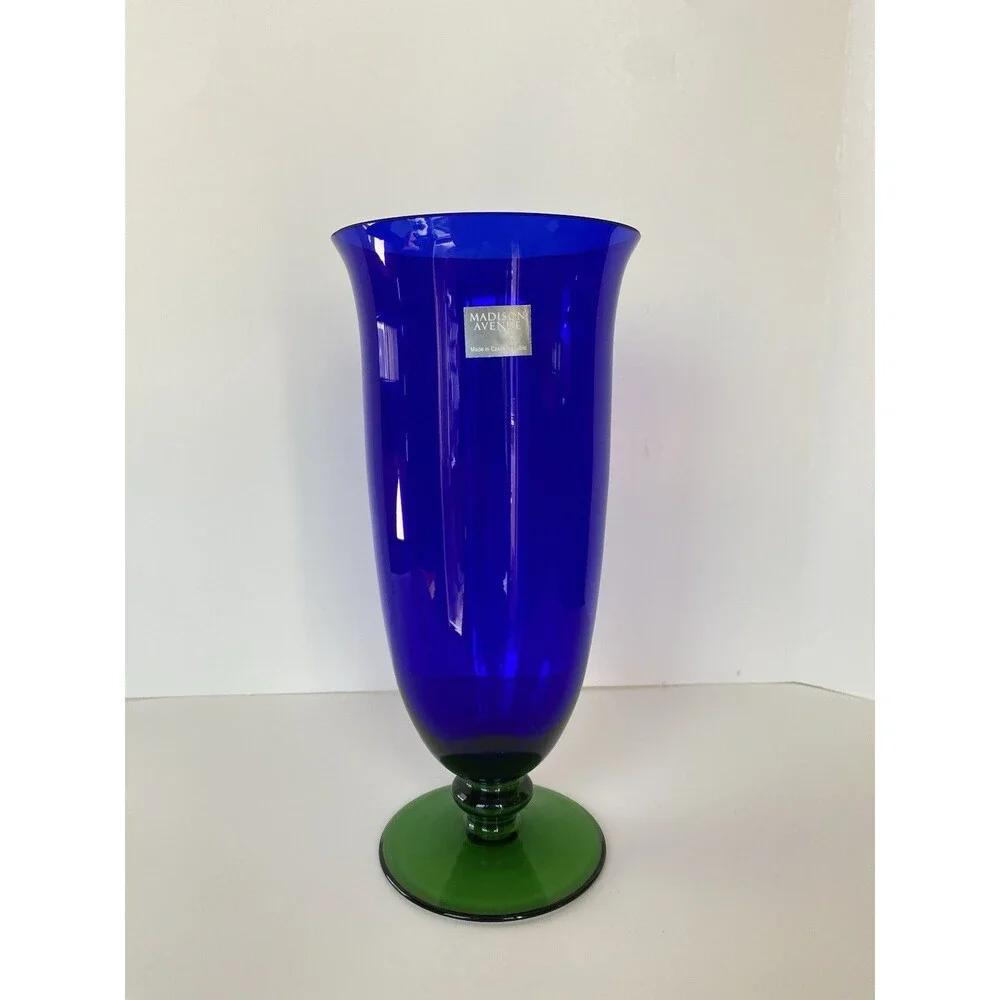 Madison Avenue cobalt blue crystal glass vase with green pedestal made in Czech